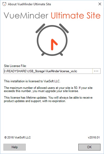 The About dialog, after selecting a valid site license file.