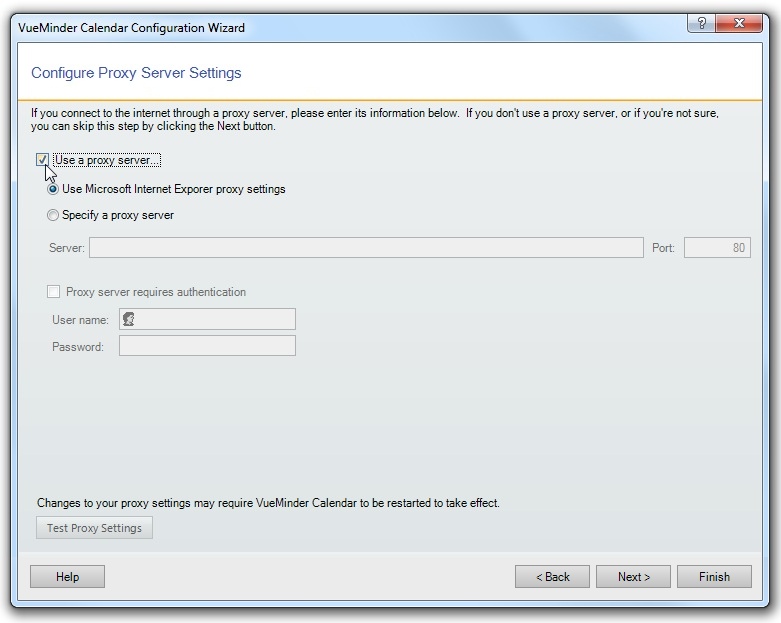 The Configuration Wizard allows proxy settings to be specified.
