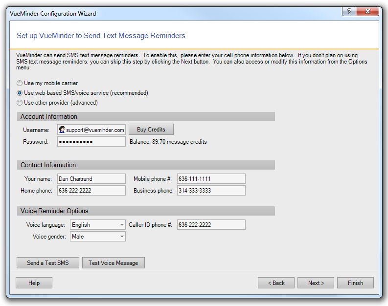 You can specify your text message settings through the Configuration Wizard.
